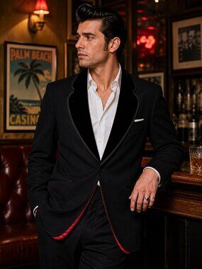 🔥 VINTAGE 50s 60s Palm Beach Rockabilly Tuxedo Jacket Mohair Black Red L 🔥